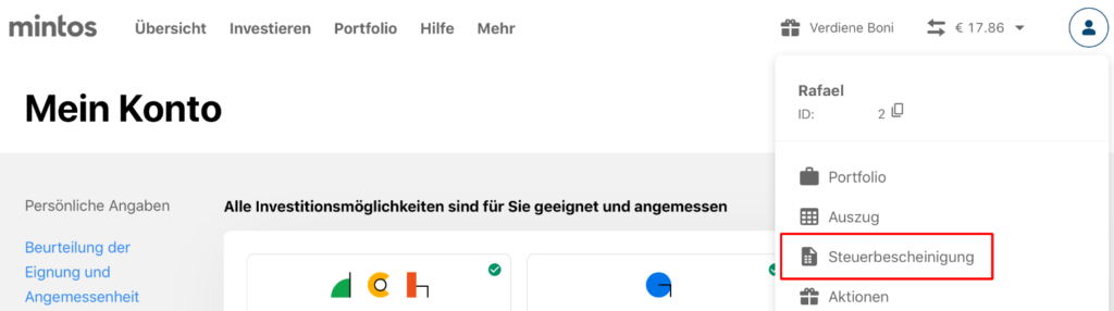 Mintos Profil Steuerbescheinigung