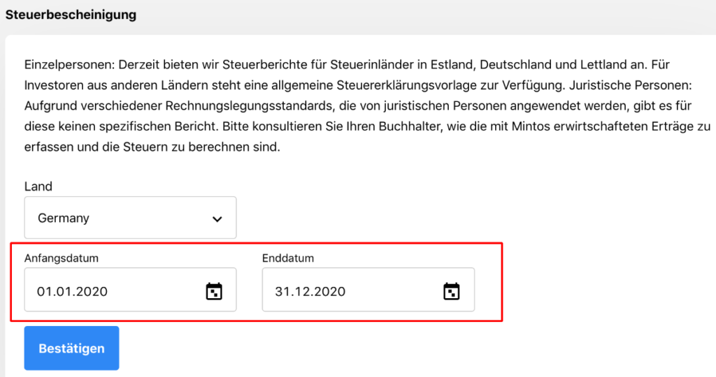 Mintos: Auswahl Land + Datum für Steuerbescheinigung